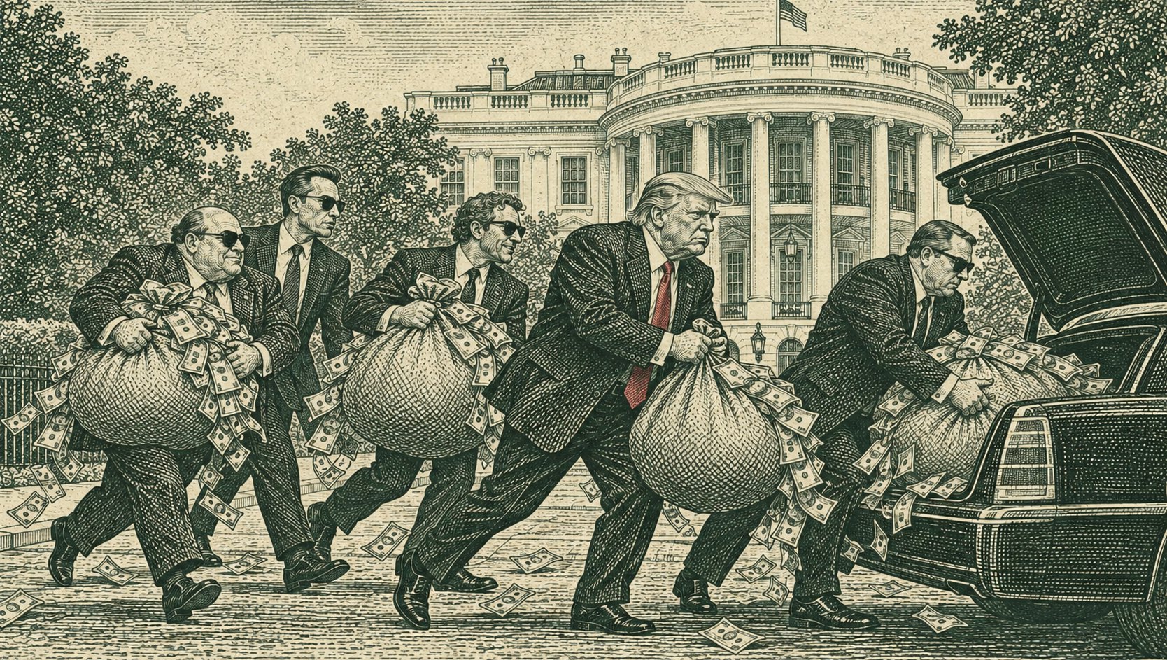 Engraving: Trump and four men in suits and sunglasses haul sacks of cash from the White House lawn into the open trunk of a black car.