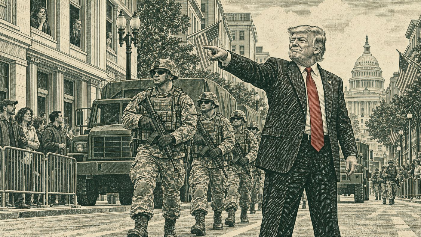 Engraving: Trump, pointing, leads a column of National Guard troops and trucks down a Washington street toward the Capitol while onlookers watch from behind barriers.