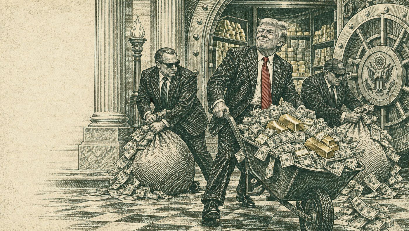 Engraving: Trump wheels a barrow of cash and gold bars out of an open Treasury vault while two men in suits carry sacks.