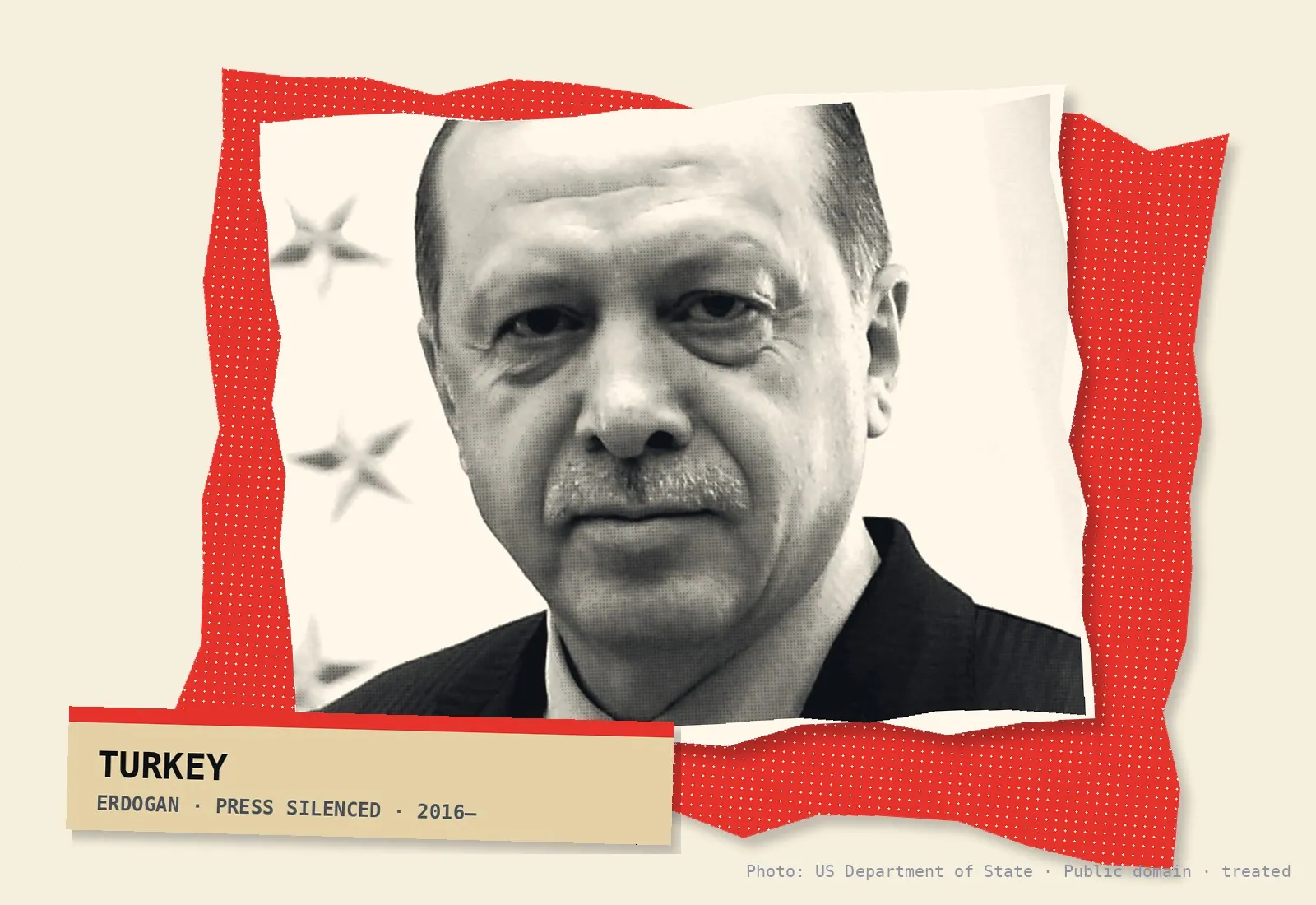 Turkey, 2016: Recep Tayyip Erdoğan purges the state after a failed coup — archival photo on torn red paper